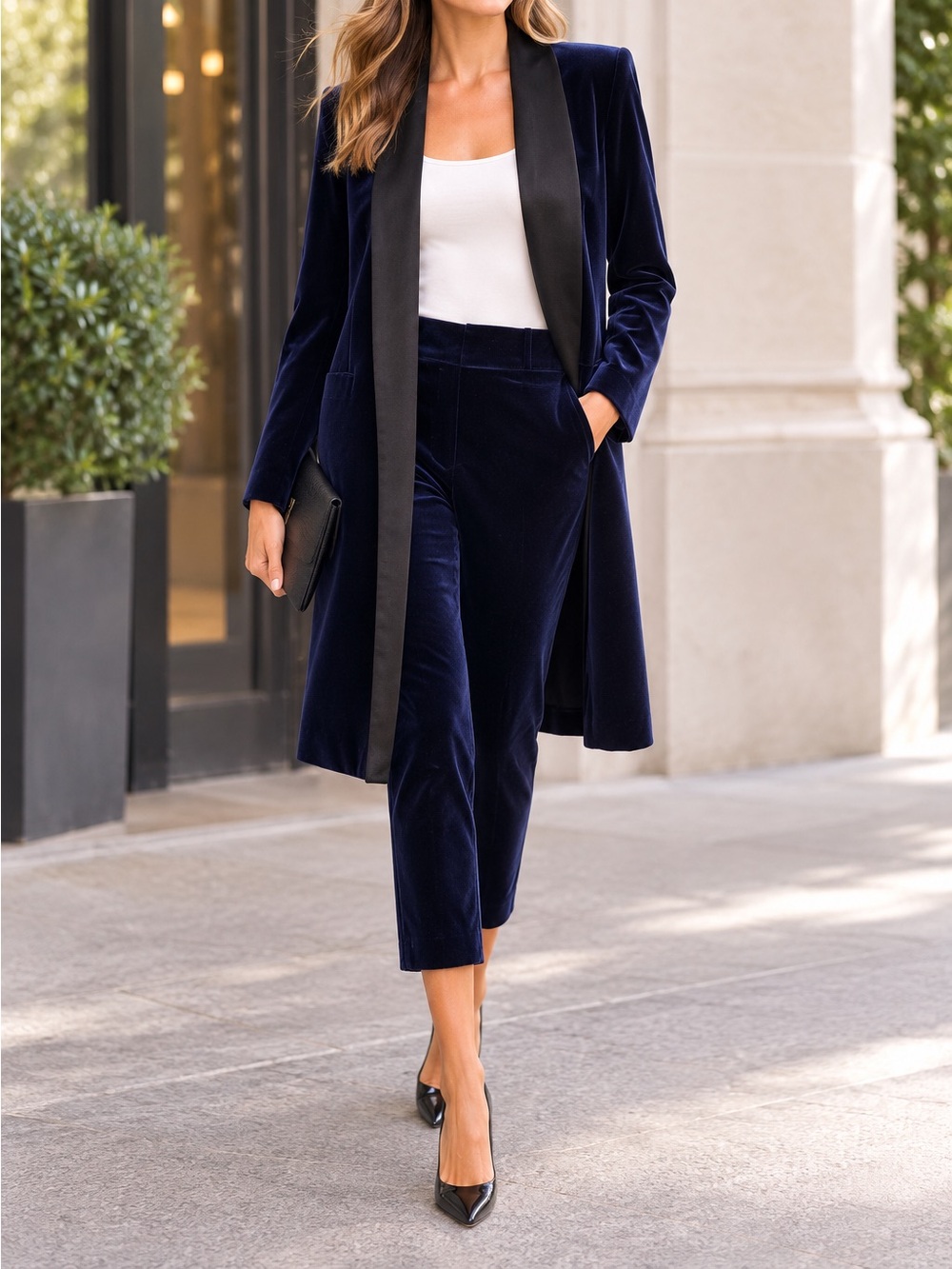 Alice and Olivia Womens suit size m velour indigo navy blue Kylie shawl suit